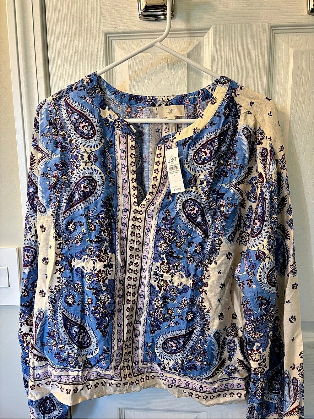 LOFT Outlet Paisley Split Neck Blouse Blue & White Large NWT